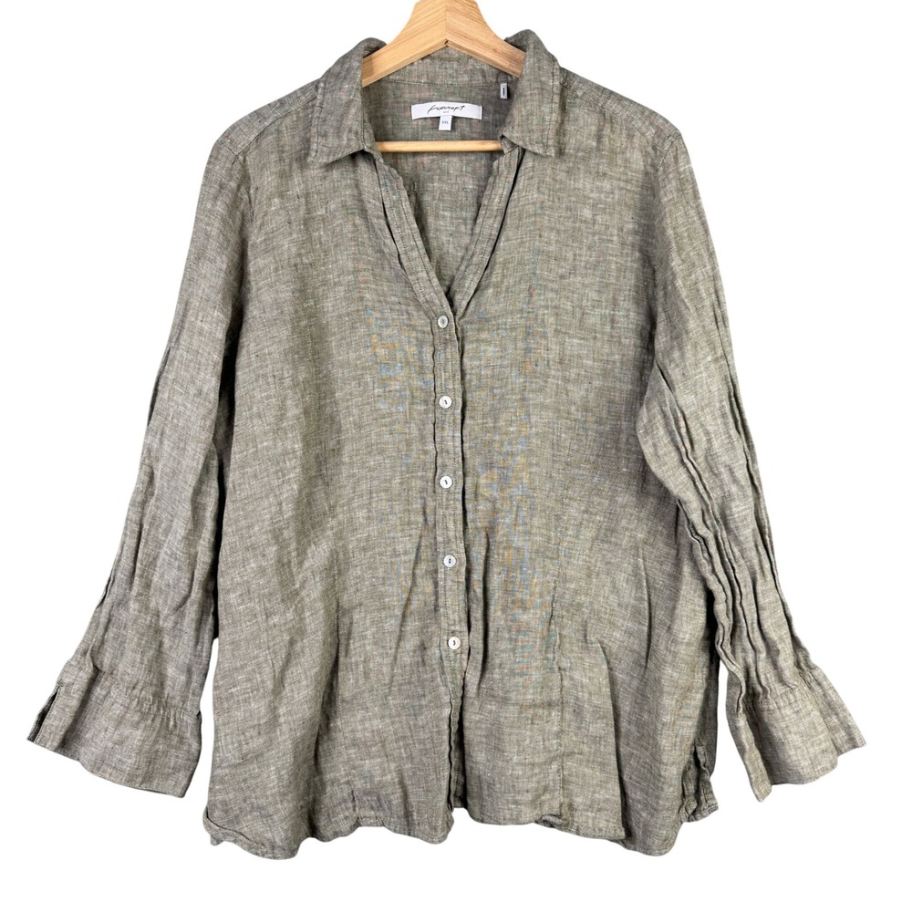 Foxcroft NYC 100% Linen Button Down Shirt XXL Olive Green Long Sleeve Relaxed